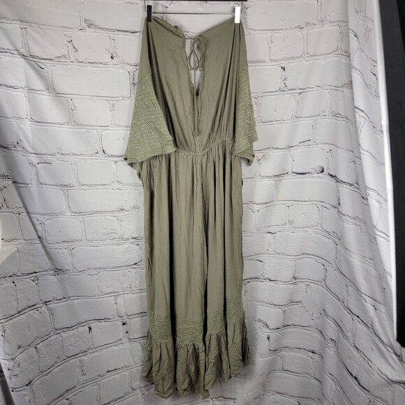 Davi and Dani Wide Leg Maxi Illusion Crop Jumpsuit Olive Green Boho Festival - Picture 8 of 9